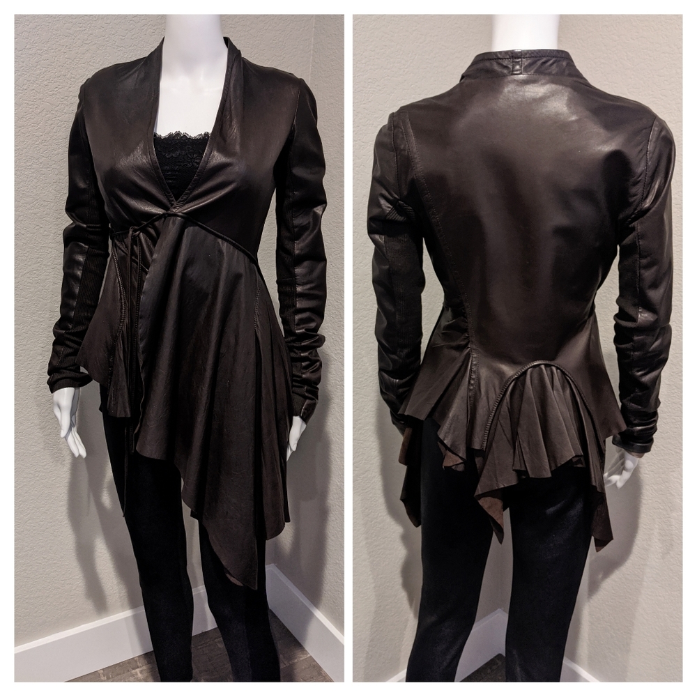 RICK OWENS asymmetrical brown leather shirt jacket